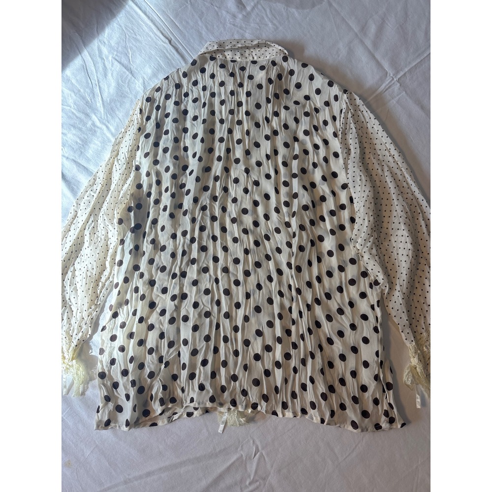 Jaipur Polka Dot Blouse Womens XL Cream Black  Lace Trim Button Down - Picture 10 of 11